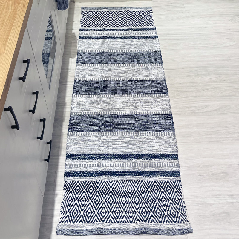 Stewartville Geometric Hand-Woven Flatweave Cotton Bath Rug, 2' x 6', Navy