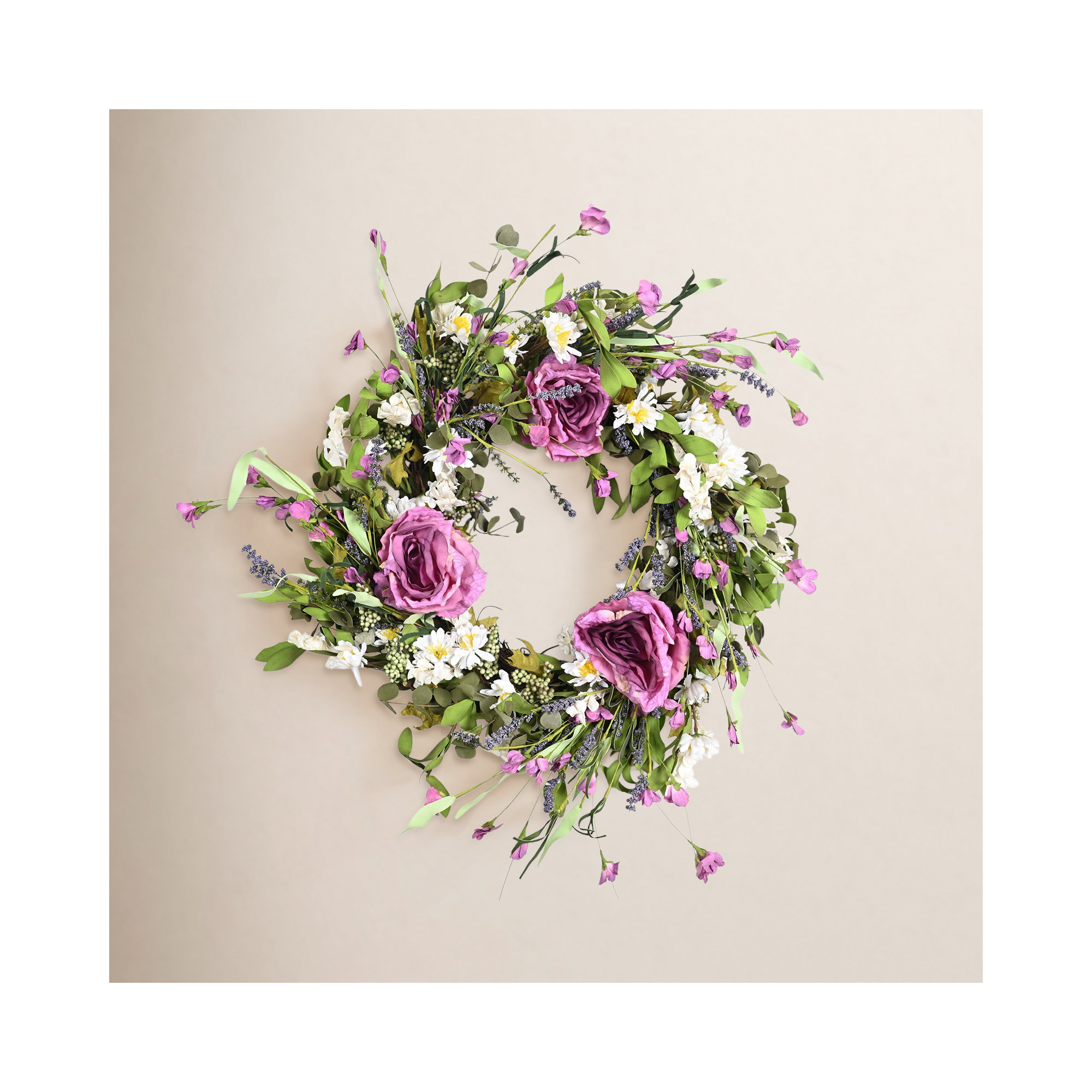 24" Artificial Farmhouse Blossoms Cluster Greenery Leaves Berry Spring Summer Peony Floral Wreath For Front Door Faux Flower Daisy Wedding Party Home Wall Decor