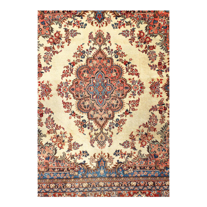 Tapis ivoire / rouge à motif floral en laine 9 pi x 9 pi Simin