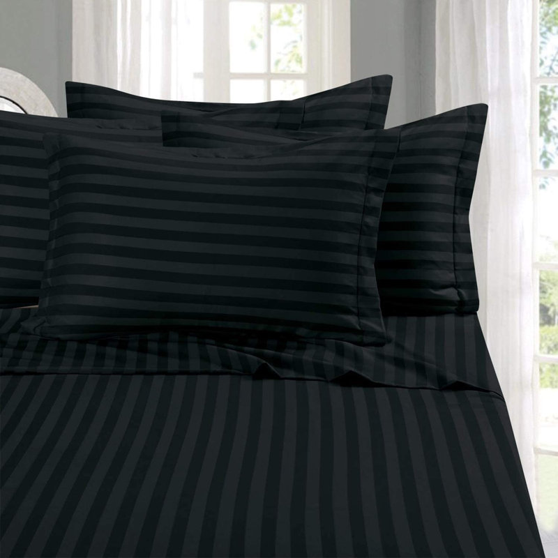 Percale Striped Sheet Set, Black, California King Sheet Set with 2 Pillowcases