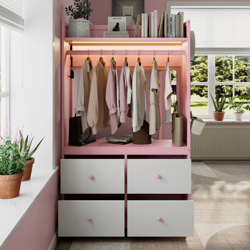 Lit simple superposé simple avec 4 tiroirs de rangement, rail suspendu, bande lumineuse et tablettes intégrées et 2 panneaux perforés, 3 couleurs disponibles, rose