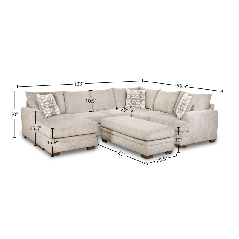 Torleif Chaise Sectional with Ottoman, Left Arm Facing, Cream Polyester