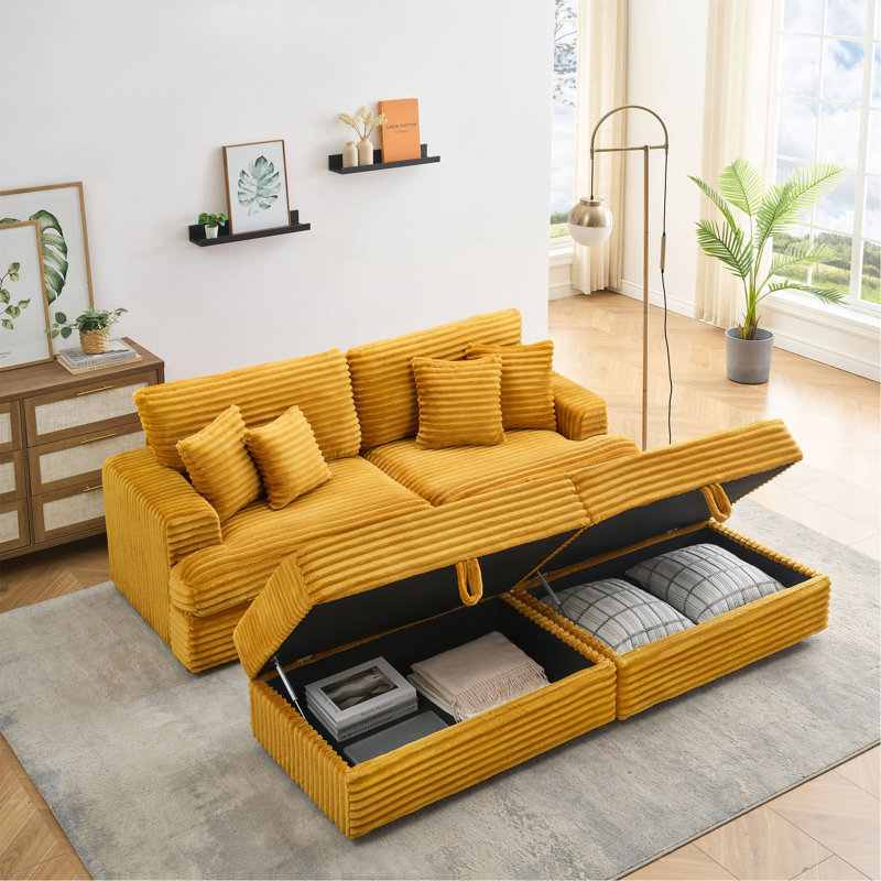 Canapé 88,58 pouces en velours côtelé orange avec pieds de rangement doubles et quatre coussins, aussi doux qu'un nuage, un canapé paresseux élégant convenant au salon et au bureau