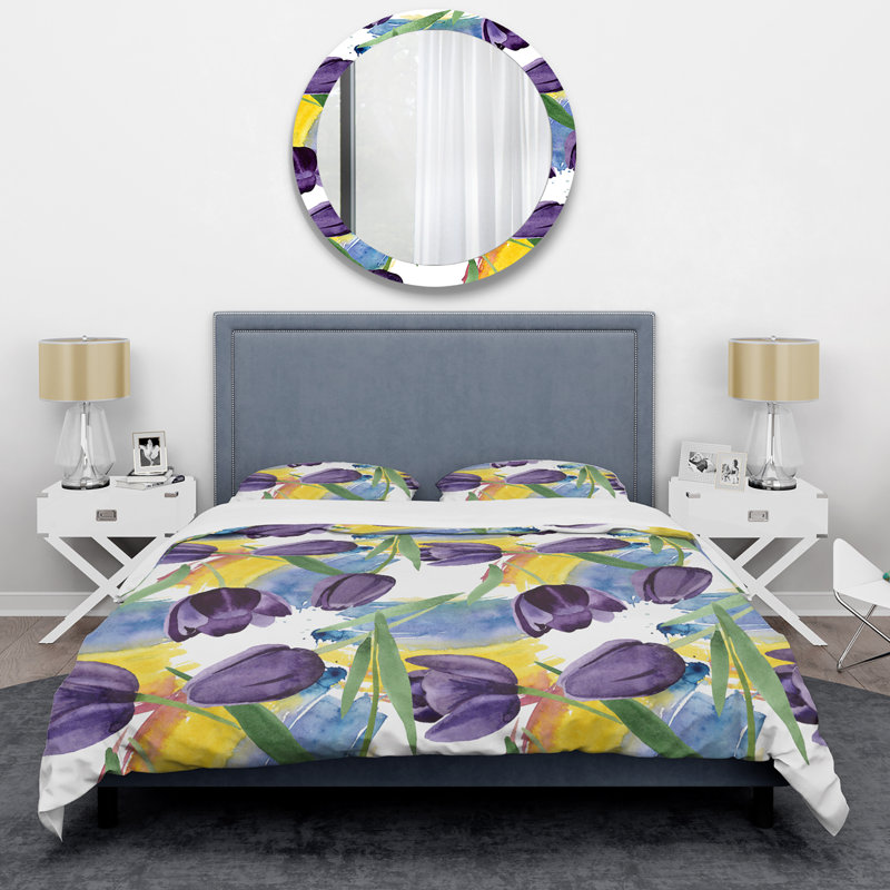 Mauve fleur et feuille - ensemble de housse de couette floral - polyester microfibre