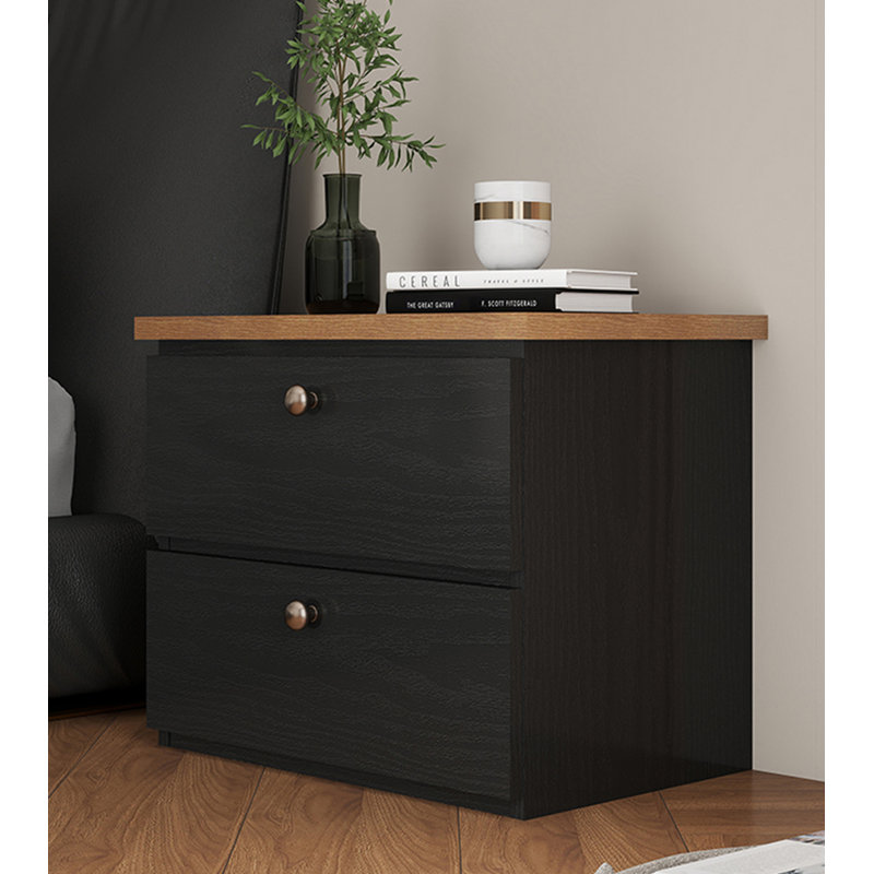 Modern Simple Black Solid Wood Double Draw Nightstand