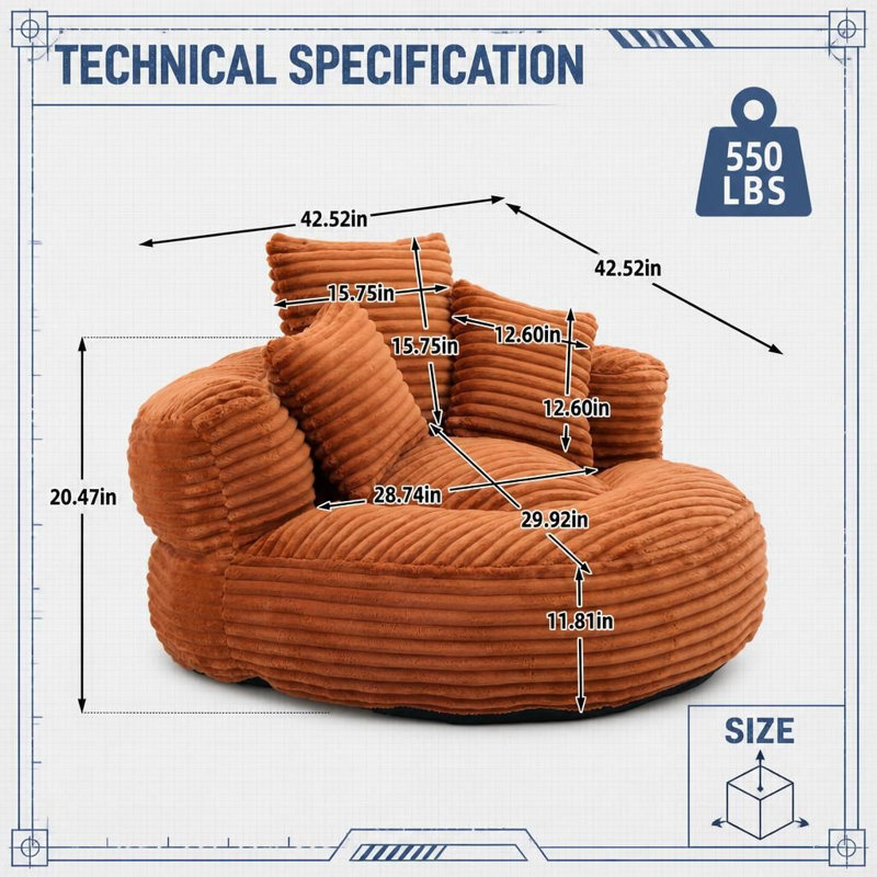 Fauteuil à billes Corduroy, Velours côtelé orange