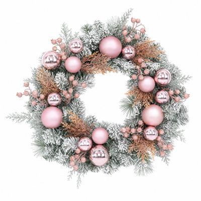Couronne de Noël artificielle pré-illuminée de 61 cm (24 pouces) avec boules roses électroplaquées et accents de flocons de neige