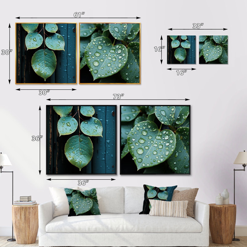 «Aqua Leaves Photo Harmony» - ensemble de 2 feuilles carrées, Cadre flottant noir, H 30 po x l 61 po