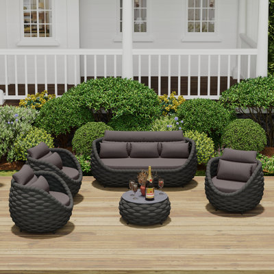 Fully Assembled Altuminum Frame PVC-coated polyester Rope  6 - Person Outdoor Seating Group With Cushions And Round 14.2'' Coffee Table with Pattern Tile Tabletop for Patio Porch Balcony Terrace Garden