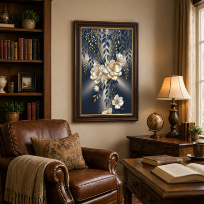 Art mural antique sur toile encadré doré pour le salon, la chambre à coucher, le bureau ou le vestibule - Décoration murale décorative avec or floral