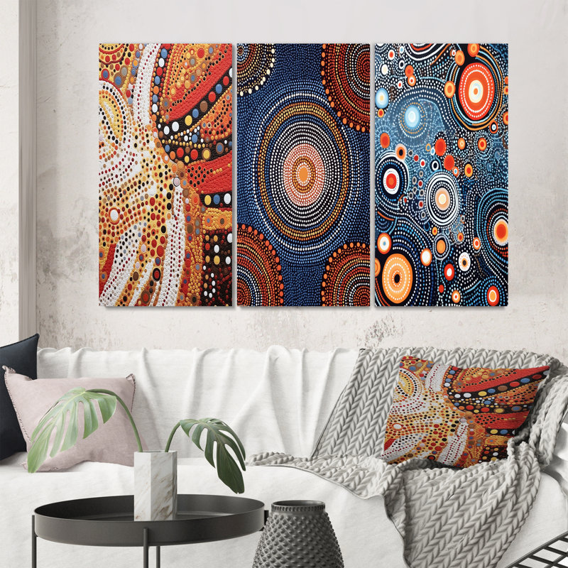 Aboriginal Circular Dot Art Compositions II - Transitional Art Set Of 3 Pieces, Toile tendue, H 20 po x l 36 po