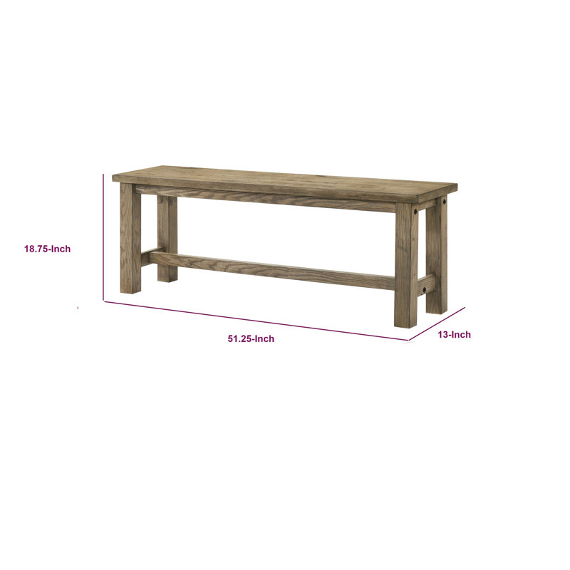 Dova Dining Bench with Stretcher Base, Vineyard Oak Solid Rubberwood 51 Inch