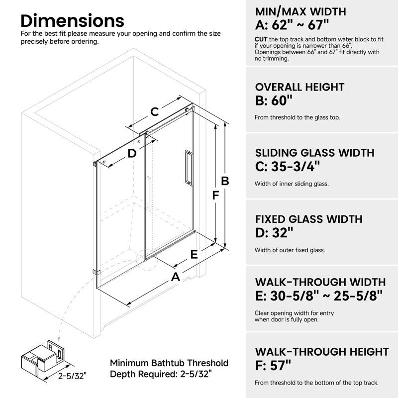 62-67" W x 60" H Frameless Single Sliding Tub Door, 3/8"(10mm) SGCC Tempered Clear Glass with R5 Beveled Edge, Shatter-Resistant Anti-Explosion Film, Square Top Rail & Installation Hole Locator