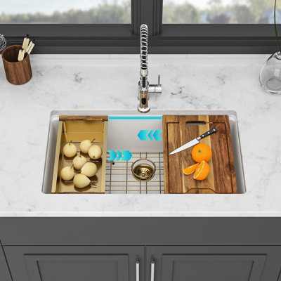 33" X 19" 9.7" White Kitchen Sink Made Of Quartz Granite Composite, Undermount Single Bowl, Quiet And Hygienic, With Drying Rack Installation Clips Composite 9.7", Bowl Workstation, Noise-reducing,