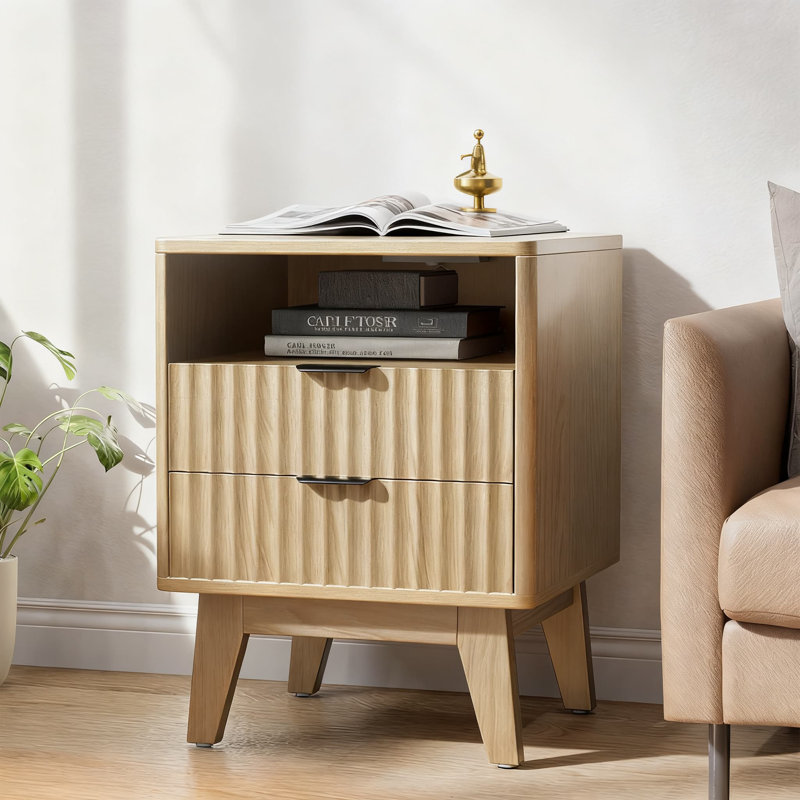Table de chevet moderne avec station de charge, 2 tiroirs et tablette de rangement, table d'appoint cannelée pour chambre à coucher et bureau