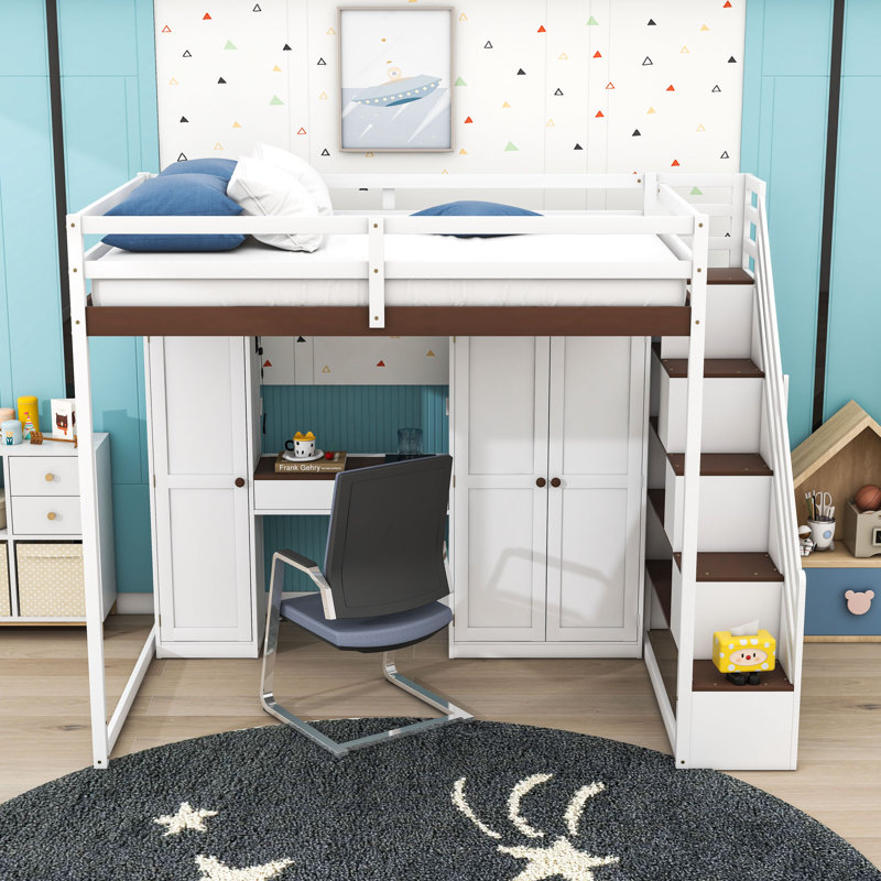 Full Wood Loft Bed With LED Light, Dressing Table, Wardrobe And Charging Ports, White/Brown
