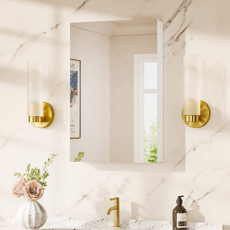 Armoire à pharmacie encastrée ou à fixation en surface sans cadre avec porte en miroir et tablettes ajustables, White