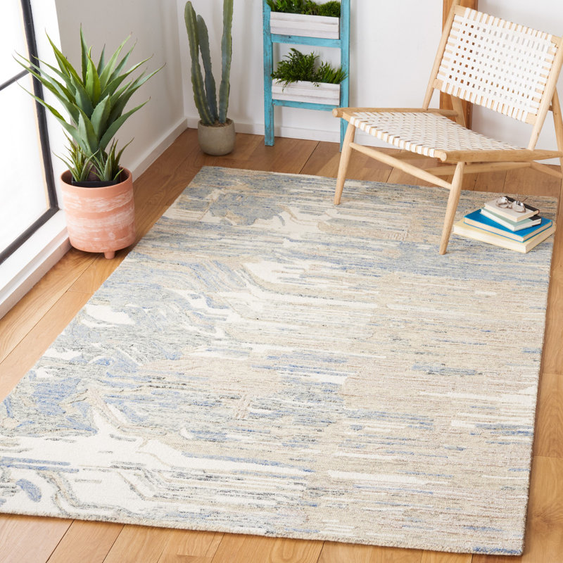 Tapis beige / bleu en laine touffeté à la main à motif abstrait Jaxony, Rectangle de 5 pi x 8 pi