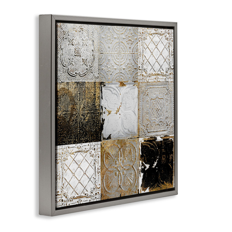 Collage de tuiles de plafond antique, Cadre flottant gris lustré, H 25 po x l 25 po