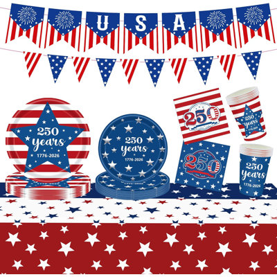 Ensemble de vaisselle du 4 juillet pour 24 personnes, ensemble de vaisselle du 250e anniversaire du drapeau des États-Unis avec assiettes, tasses, serviettes, nappes et fanions