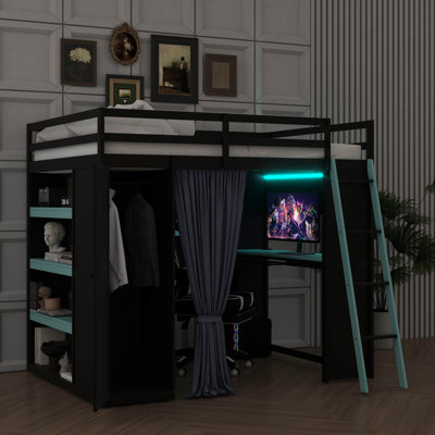 Lit mezzanine double en bois massif avec garde-robe, tablettes, rideaux occultants et lumières RVB
