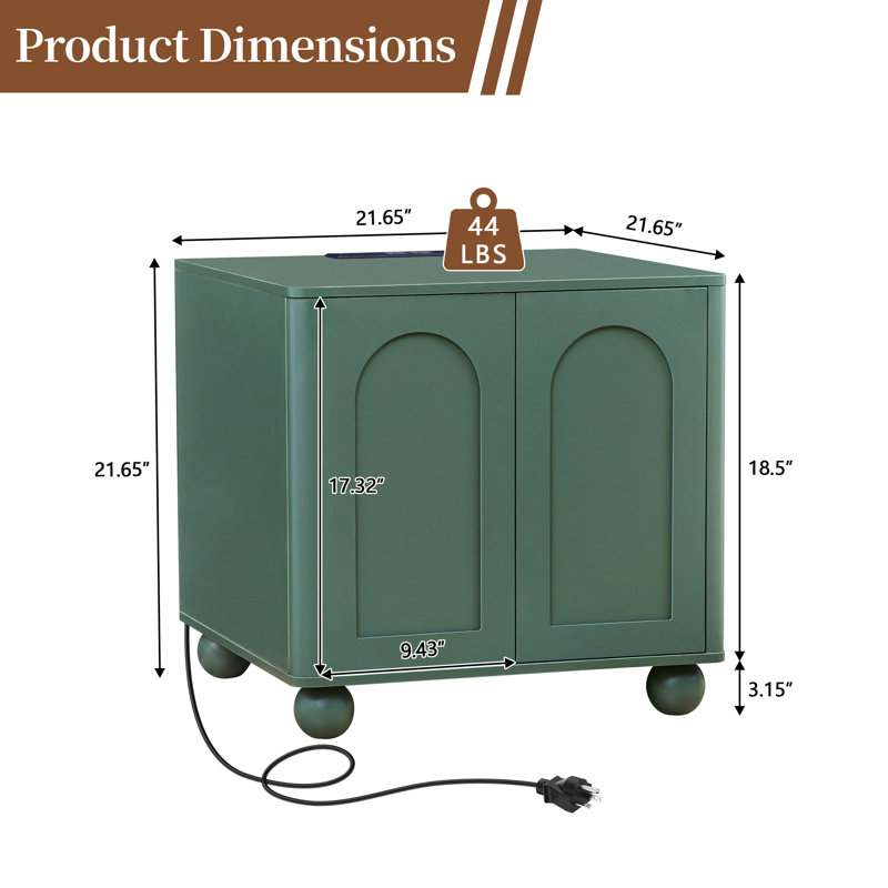 End Table With Storage And Charging Station, Green
