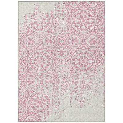 9' X 12' Pink And Ivory Medallion Washable Indoor Outdoor Area Rug