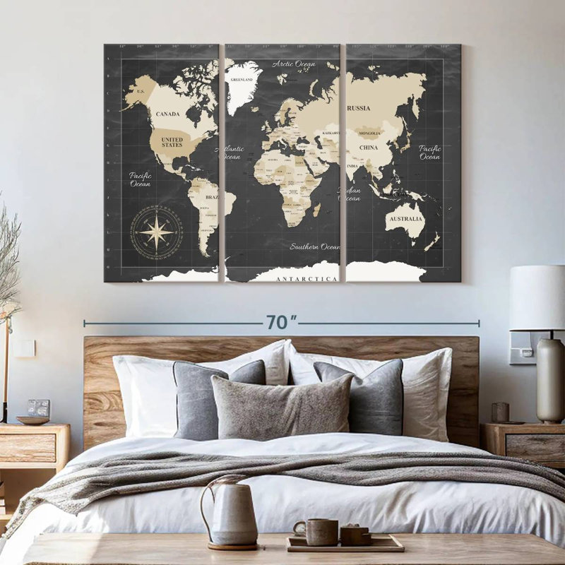Carte du monde sur toile foncé 3 pièces, H 42 po x l 65 po x P 1,25 po