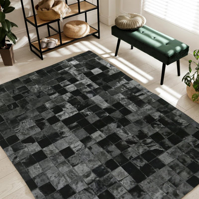 Bright Black Square Cowhide Patchwork Rug With Genuine Calfskin Design For Modern Home 2 X 6 Ft