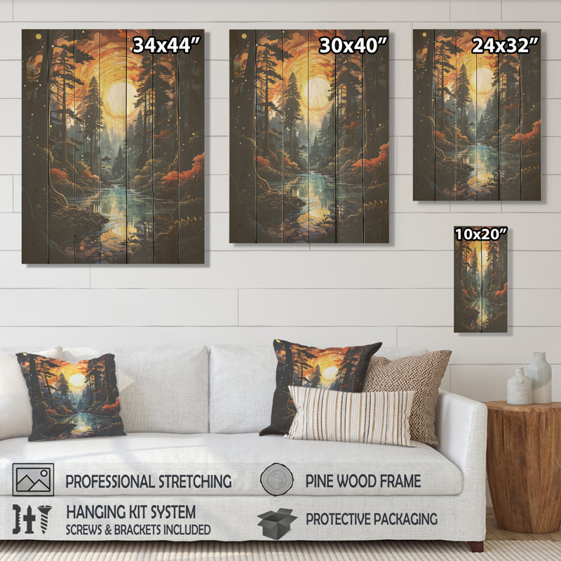 «Moonlight River Retreat Into The Forest III» - Forêt et rivière sur bois, H 44 po x l 34 po