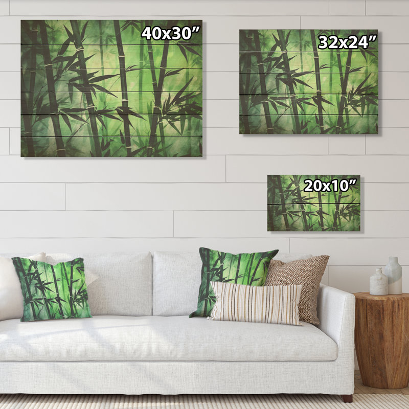 Bamboo Green Dark And Light - Bamboo Wood Wall Art On Natural Pine Wood, 10" H x 20" W