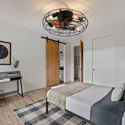 Ventilateur de plafond de style cage en fer forgé noir 19,7 po, compatible avec la télécommande et le contrôle des applications, avec six réglages de vitesse réversible, style rétro industriel campagnard
