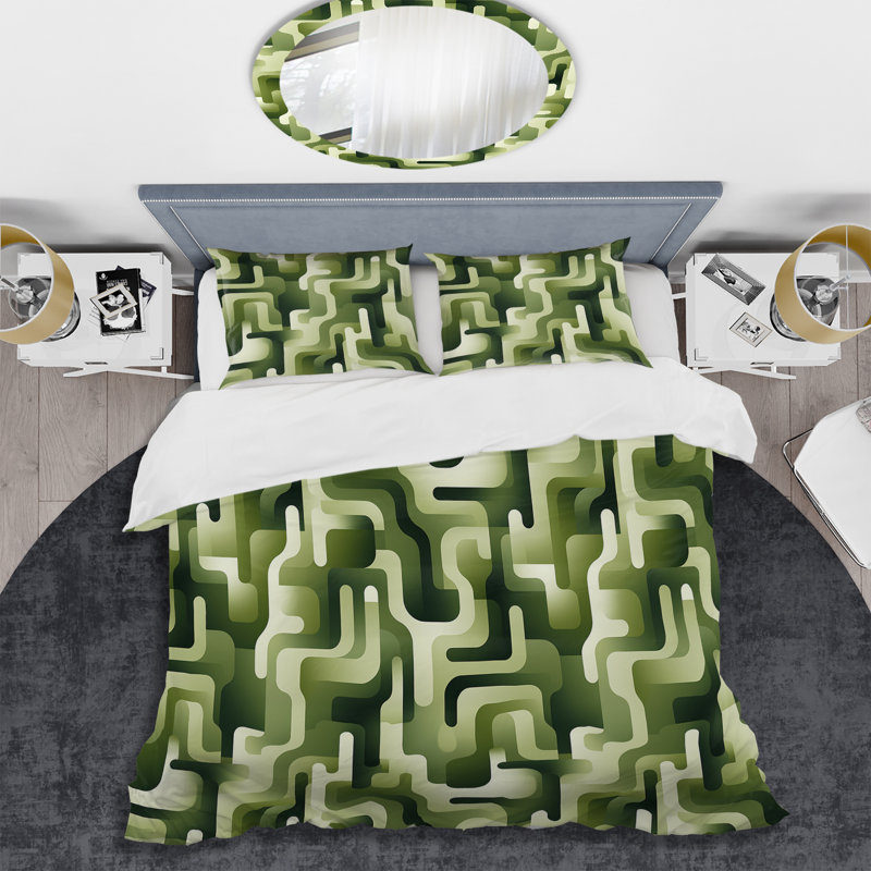 Green Labyrinth Pattern - Ensemble de housse de couette géométrique, Housse de couette pour très grand lit et 2 très