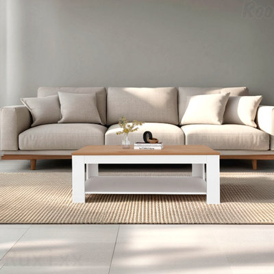 Table basse H 16,20 po avec finition en chêne naturel blanc à 1 tablette pour le salon