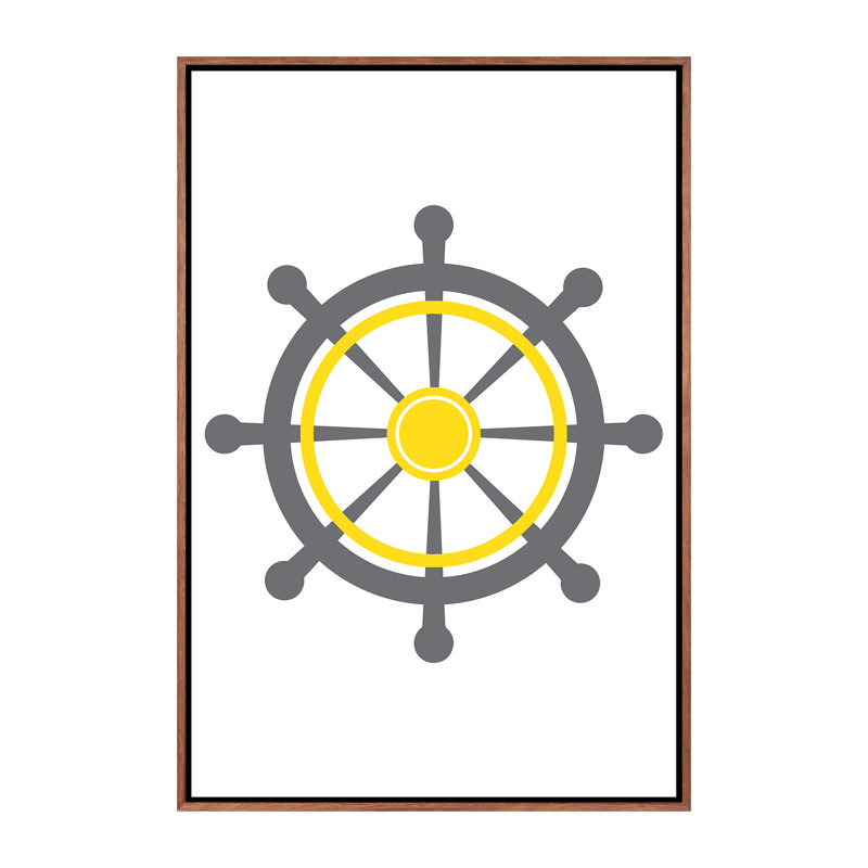 «Yellow Boat Wheel Nordic Design», impression d'art graphique, H 60 po x l 40po x P 1,5 po, Toile avec cadre brun