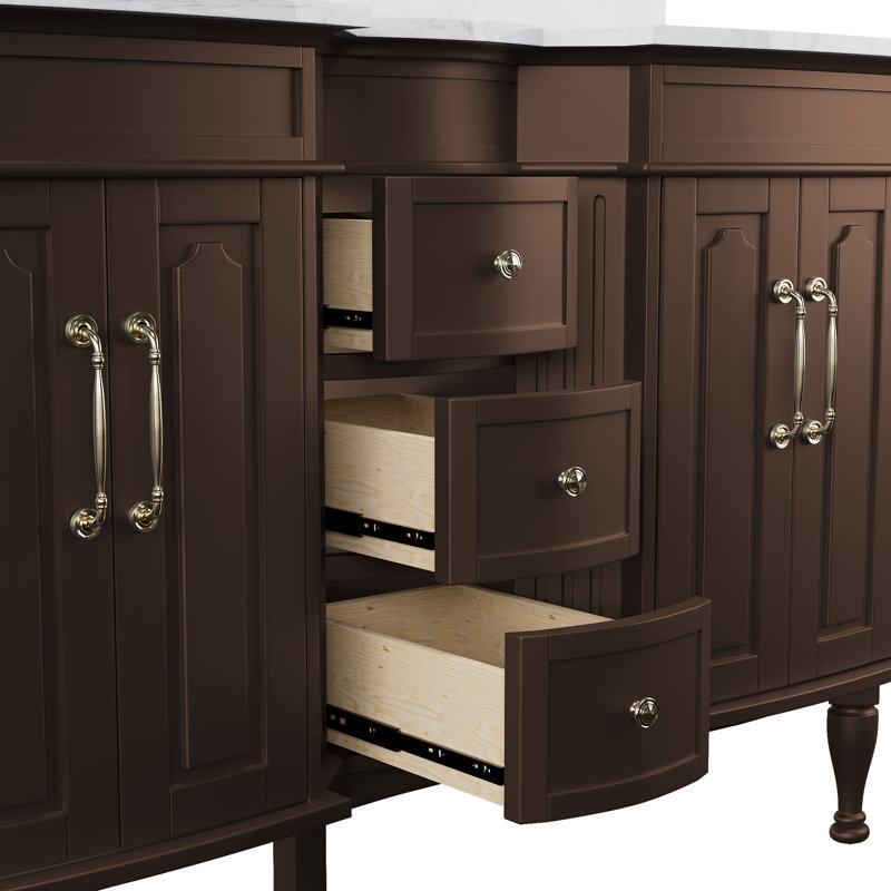 Meuble-lavabo double 54 po avec comptoir en marbre et lavabo en céramique, Brun