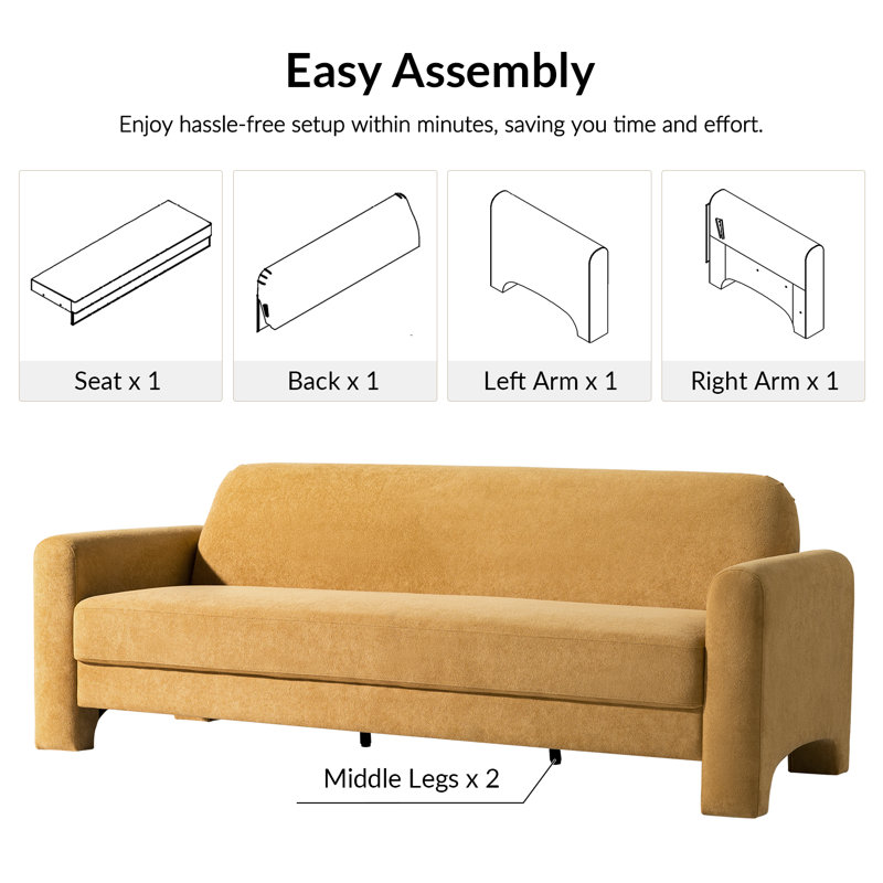 Werts 182.8cm Modern Curved Wrinkle Resistant Chenille Fabric Sofa, Camel