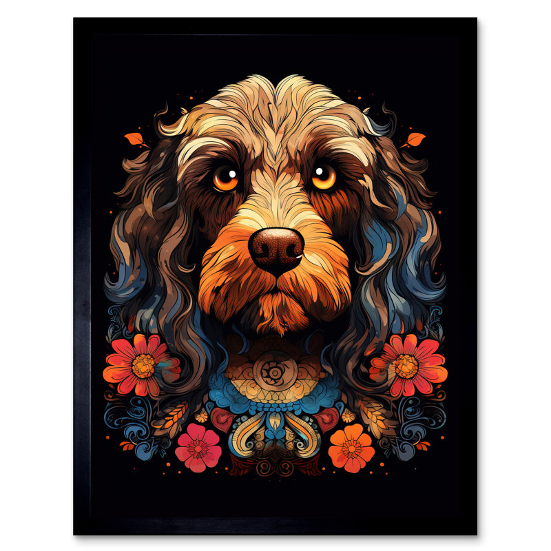 Cockapoo Dog With Ornate Collar Flowers Symmetrical - Single Picture Frame Print