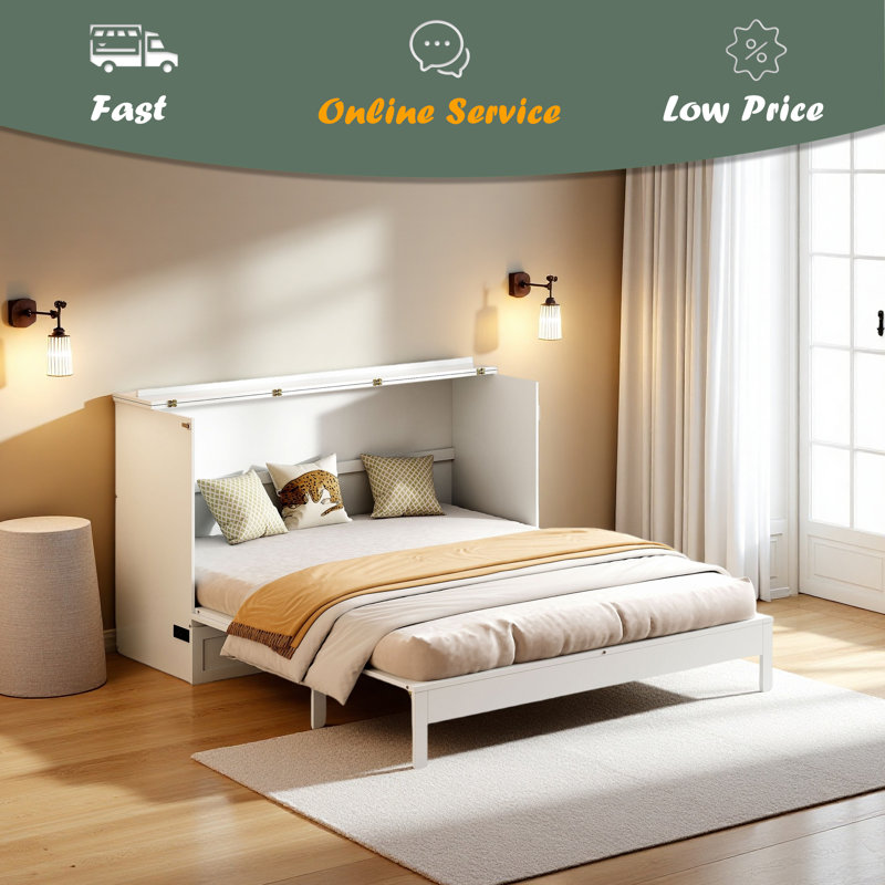 Murphy Bed With Large Drawers, White, Queen