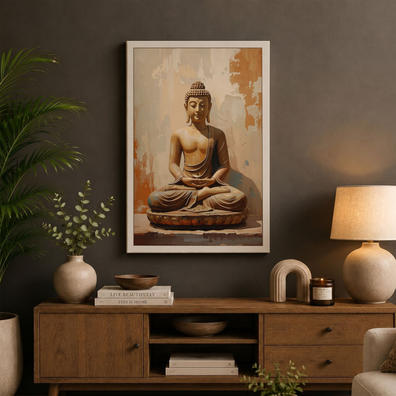 Seated Buddha in Stone Japandi - Wrapped Canvas, 24x16 - 61.0 x 40.6 cm, Ochre Border