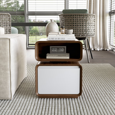 18" Modern Minimalist Side Table With Drawer, Small End Table With Storage, Rotating Shelf, Walnut & White Colour, For Living Room