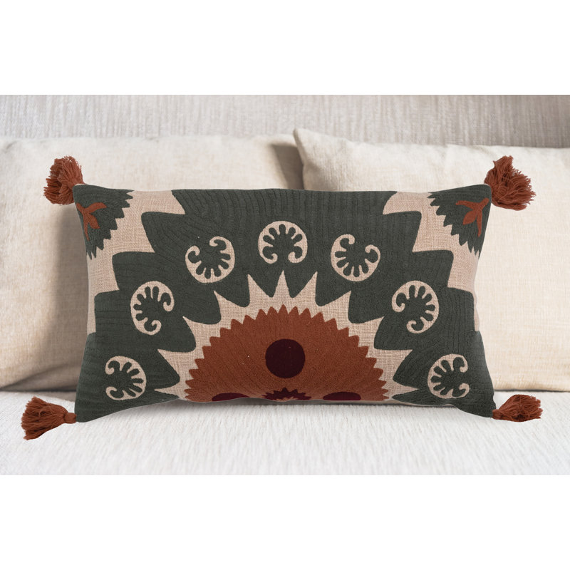Multicolor Cotton Lumbar Pillow with Suzani Embroidery and Tassels