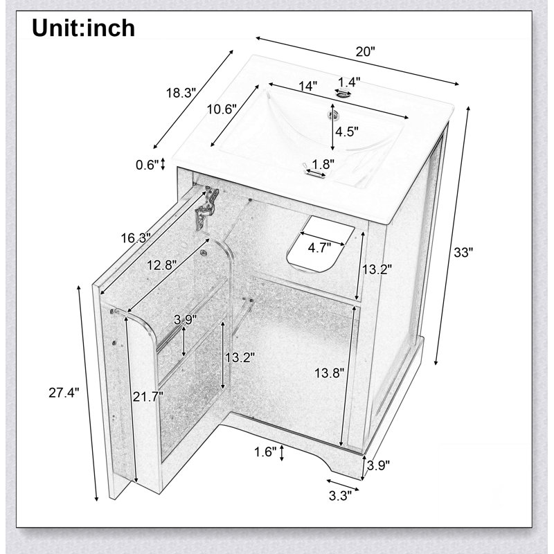 Meuble-lavabo de 20 po avec lavabo, armoire de salle de bain avec porte à fermeture douce, support de rangement et tablette réglable