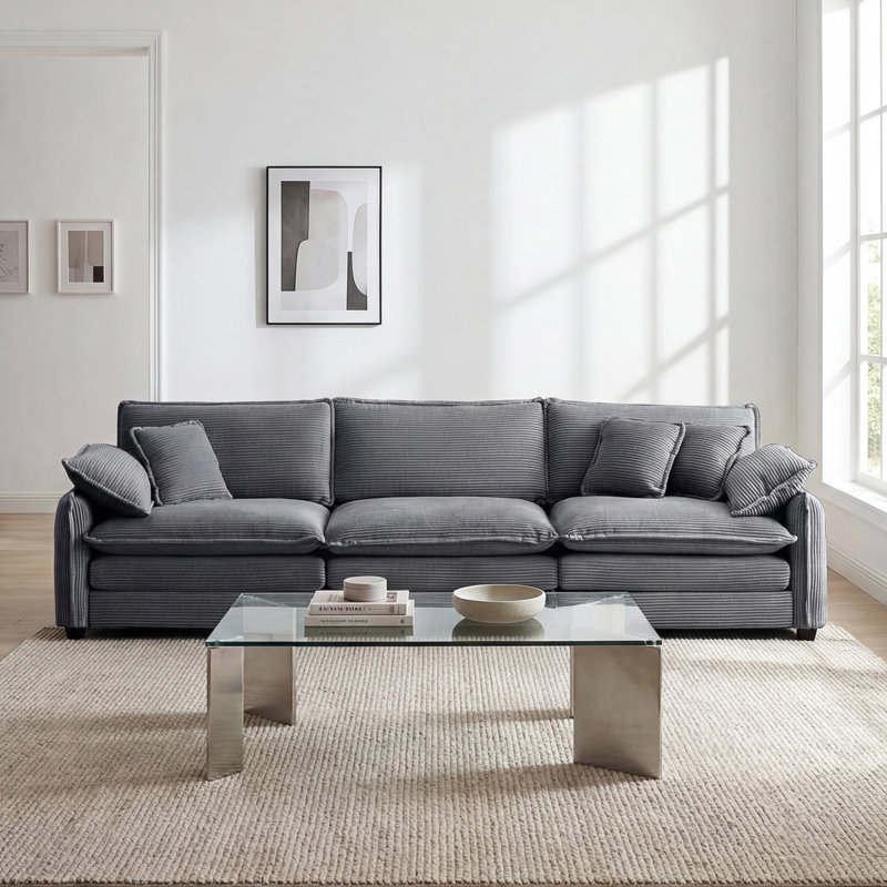 Canapé modulaire Mid-Century 3 places avec 2 accoudoirs et 3 coussins décoratifs, Gris