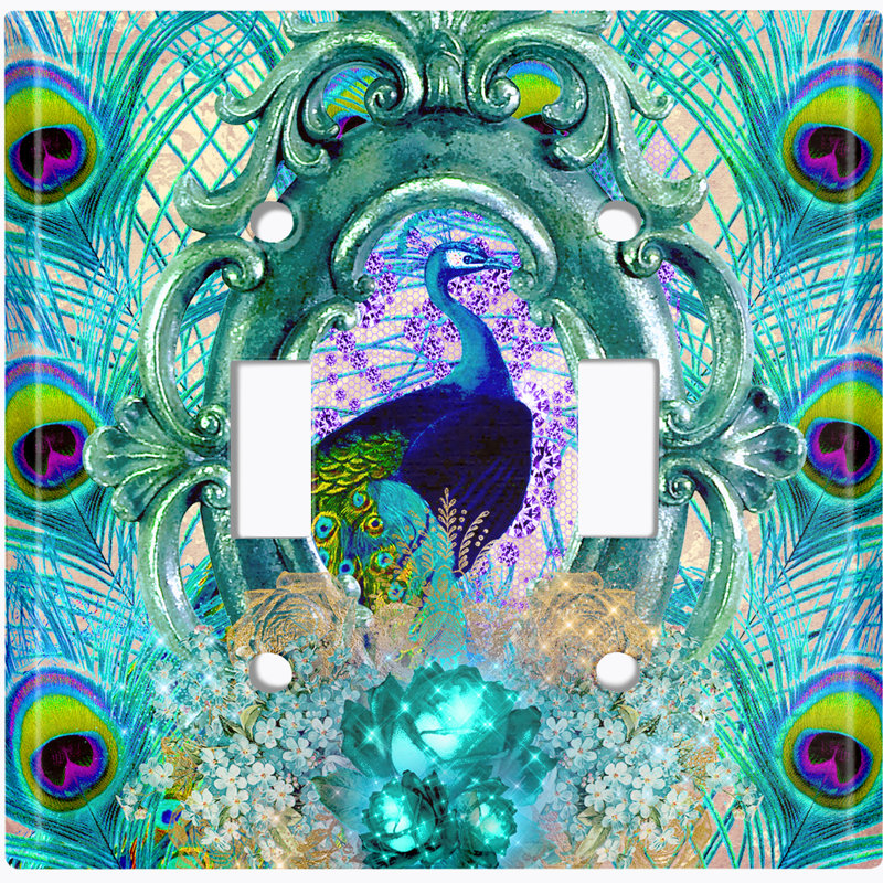 Patterned 2 - Gang Toggle Light Switch Standard Wall Plate, Elegant Peacock Feathers Blue Mirror