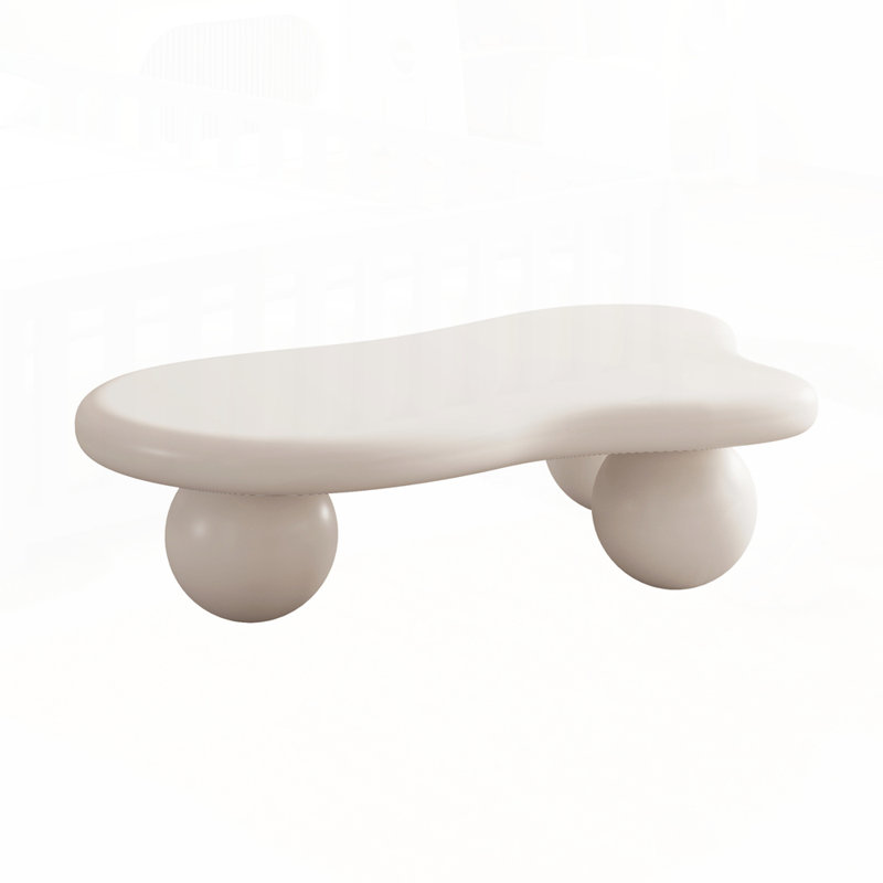Cloud Shaped Coffee Table with 3 Ball Legs for Living Room, White/White