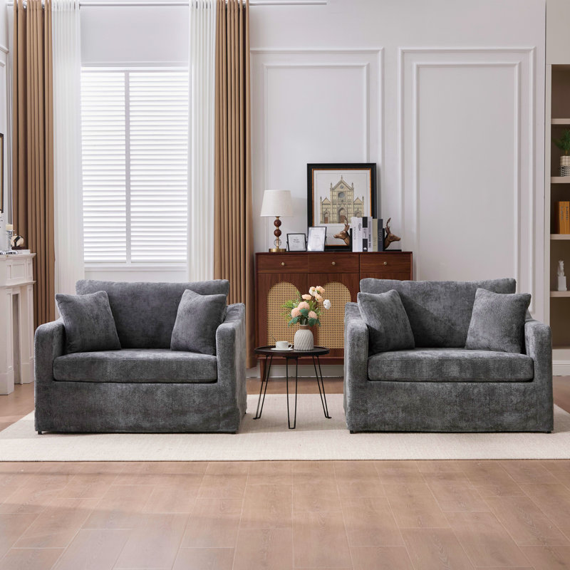 43.9" W Chenille Slipcovered Accent Armchair (Set Of 2), Charcoal