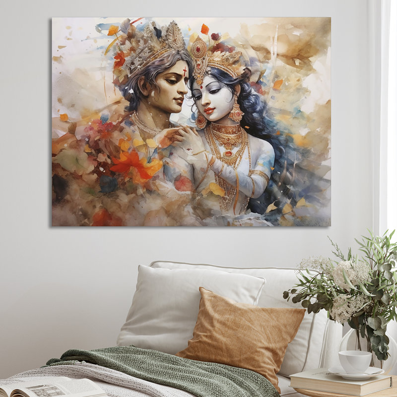 Hindouisme, aquarelle sèche, mariage divin de Radha Krishnas - impressions de l'hindouisme, Toile tendue, 24" H x 32" W