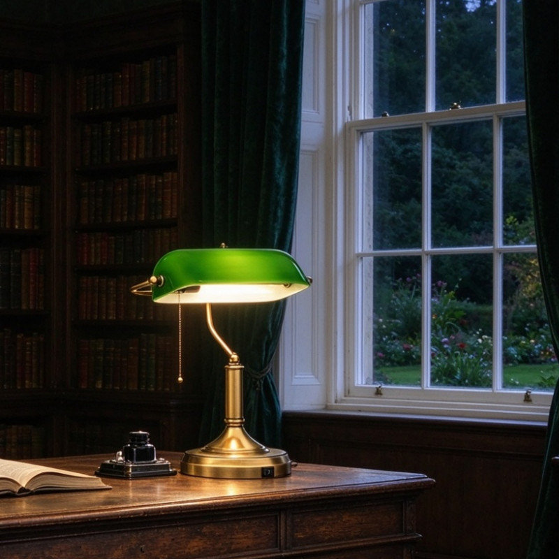 Banker's Green Glass Table Desk Lamp with USB Ports, Vintage Bronze Tone Base, Pull Chain Switch, E27 Socket for Home Office Bedroom, Bulb Not Included