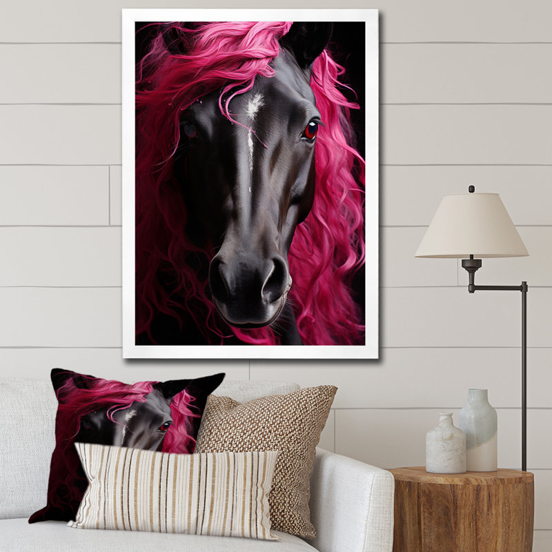 «Black Pink Horse Vibrant Equine I», impressions sur toile, H 32 po x l 24 po x P 1 po, Cadre photo blanc
